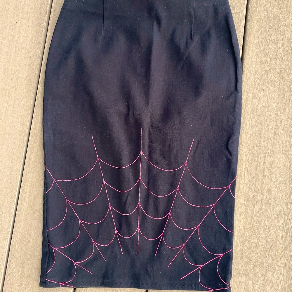 Spooky Black Pencil Skirt Pink Spiderwebs